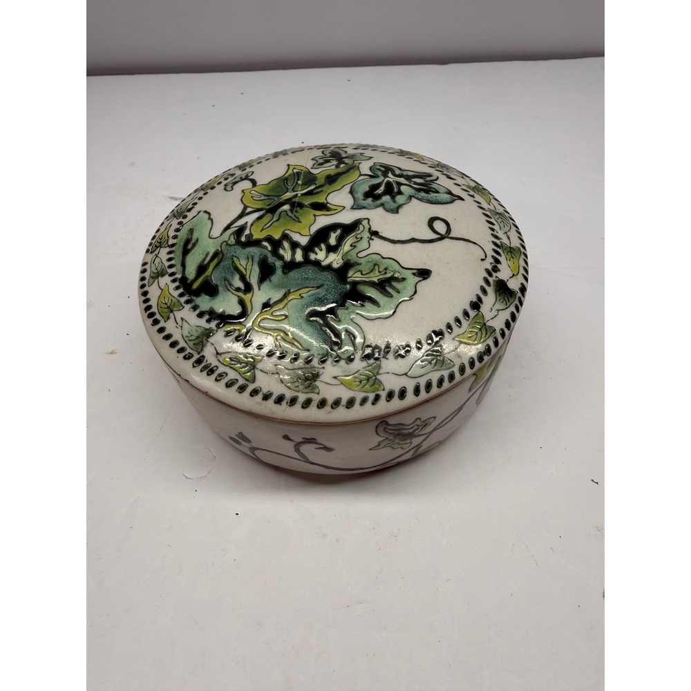 Oriental Accent Ceramic Trinket Box Ivy Leaf Hand Painted Round Decorative Jar